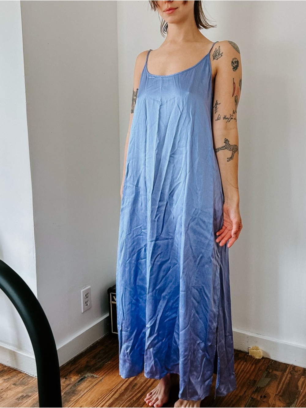 Light Blue Ombre Slip Midi Dress with Spaghetti Straps